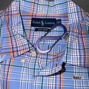 Ralph Lauren Bob Camp Mens XL Short Sleeve Plaid Button Down Shirt Blue Orange